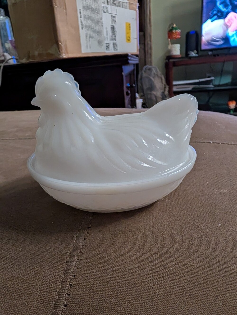 vintage Hazel Atlas Opalescent Milk Glass Hen On Nest covered dish Under 5 Inch